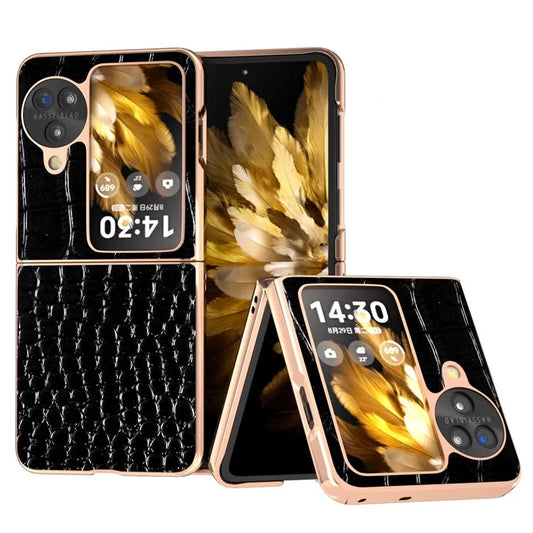 For Oppo Find N3 Flip 5G Case Crocodile Texture Genuine Cow Leather + PC Phone Cover