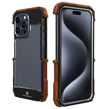 R-JUST For iPhone 15 Pro Max Phone Case Dropproof Wood + Aluminum Alloy Bumper Frame Cover