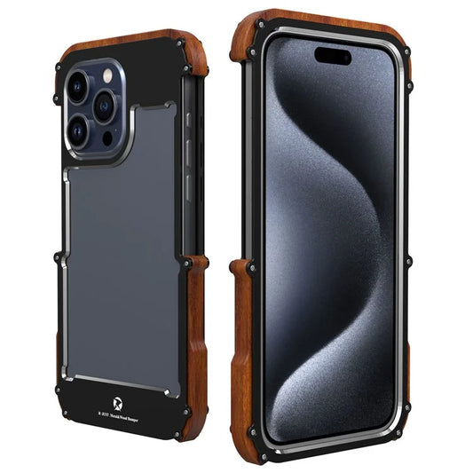 R-JUST For iPhone 15 Pro Max Phone Case Dropproof Wood + Aluminum Alloy Bumper Frame Cover