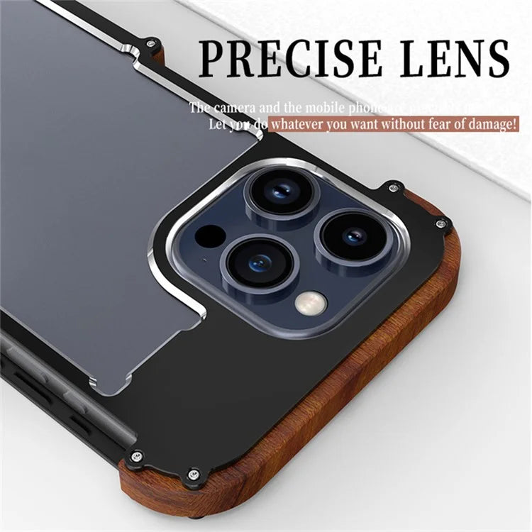 R-JUST For iPhone 15 Pro Max Phone Case Dropproof Wood + Aluminum Alloy Bumper Frame Cover