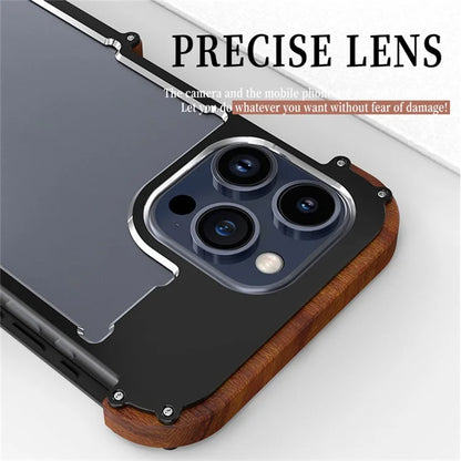 R-JUST For iPhone 15 Pro Max Phone Case Dropproof Wood + Aluminum Alloy Bumper Frame Cover
