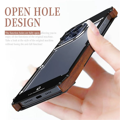 R-JUST For iPhone 15 Pro Max Phone Case Dropproof Wood + Aluminum Alloy Bumper Frame Cover
