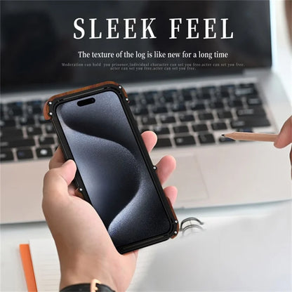 R-JUST For iPhone 15 Pro Max Phone Case Dropproof Wood + Aluminum Alloy Bumper Frame Cover