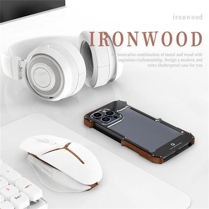 R-JUST For iPhone 15 Pro Max Phone Case Dropproof Wood + Aluminum Alloy Bumper Frame Cover