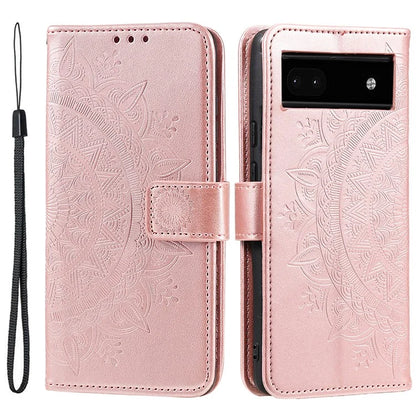 For Google Pixel 8a Case Mandala Flower Imprinted Leather Cover with Strap Gold