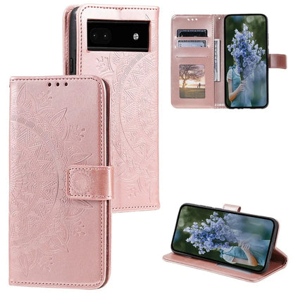For Google Pixel 8a Case Mandala Flower Imprinted Leather Cover with Strap Gold