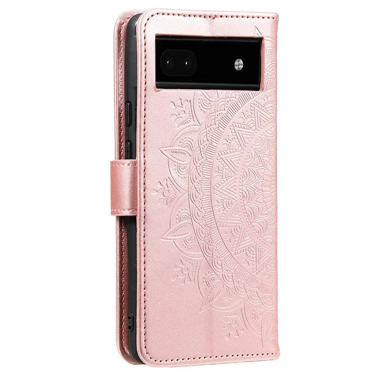 For Google Pixel 8a Case Mandala Flower Imprinted Leather Cover with Strap Gold