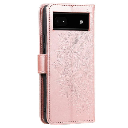 For Google Pixel 8a Case Mandala Flower Imprinted Leather Cover with Strap Gold