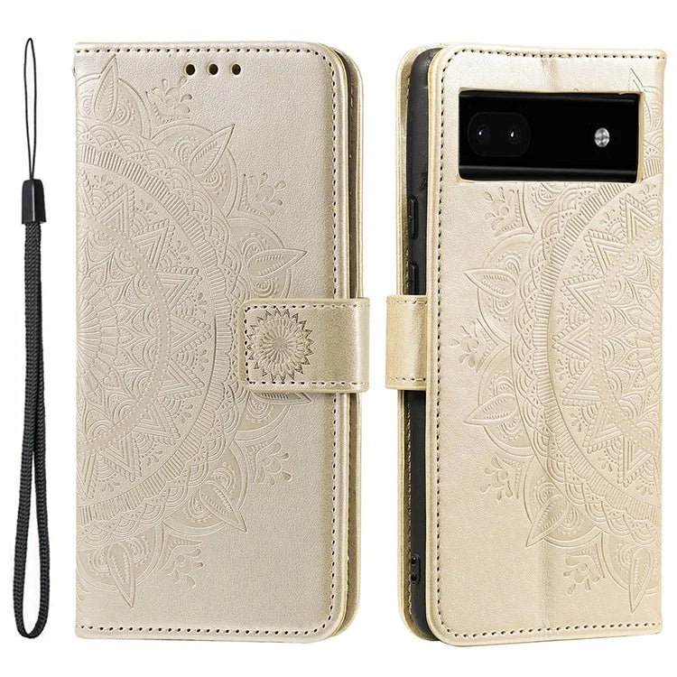For Google Pixel 8a Case Mandala Flower Imprinted Leather Cover with Strap Gold