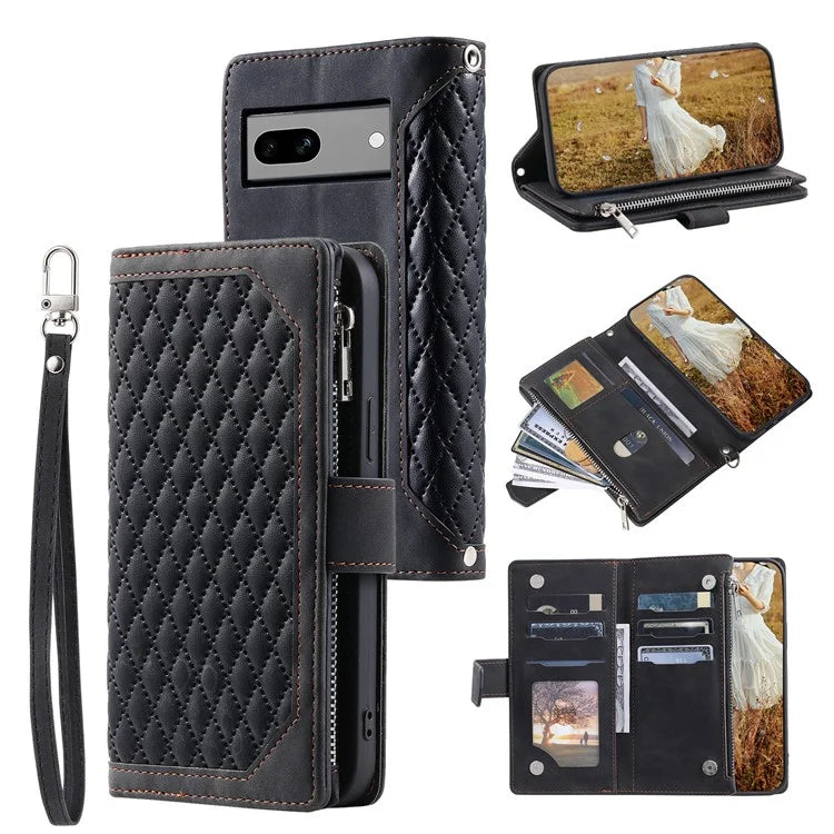 For Google Pixel 8a Case Rhombus Texture Wallet Stand Phone Cover with Hand Strap