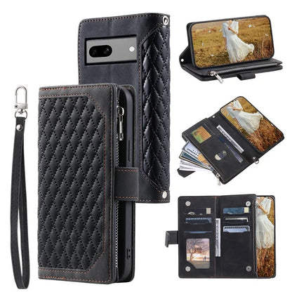 For Google Pixel 8a Case Rhombus Texture Wallet Stand Phone Cover with Hand Strap