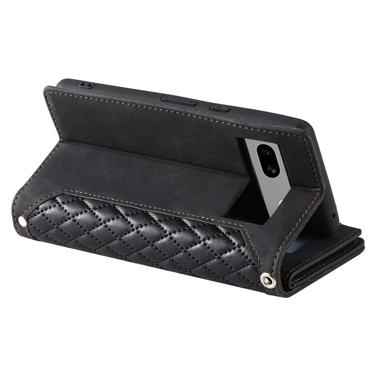 For Google Pixel 8a Case Rhombus Texture Wallet Stand Phone Cover with Hand Strap