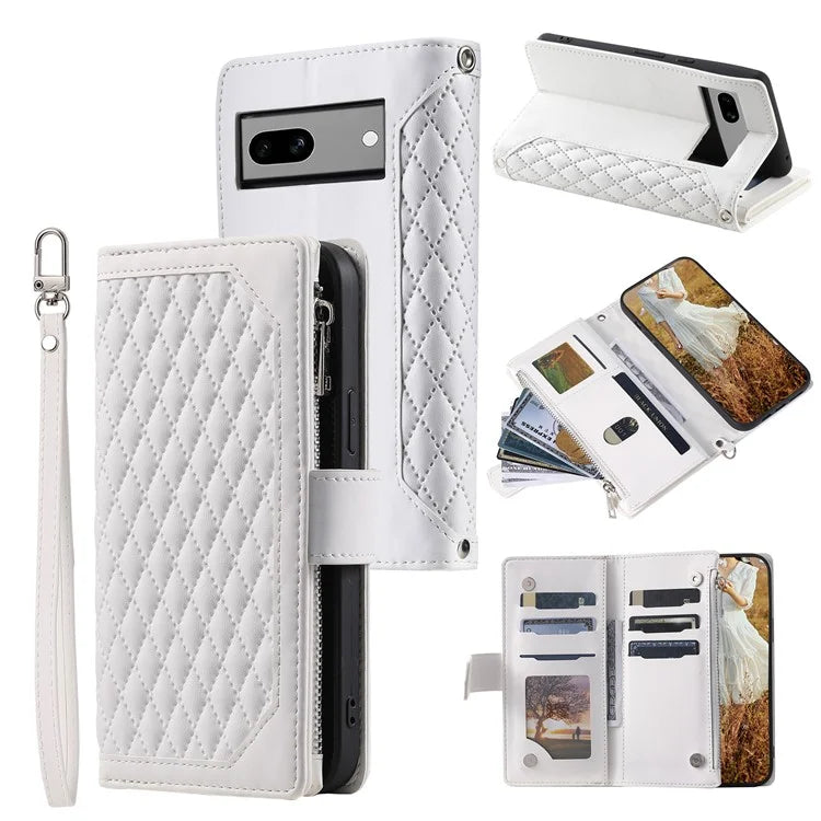 For Google Pixel 8a Case Rhombus Texture Wallet Stand Phone Cover with Hand Strap