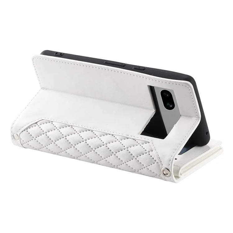 For Google Pixel 8a Case Rhombus Texture Wallet Stand Phone Cover with Hand Strap