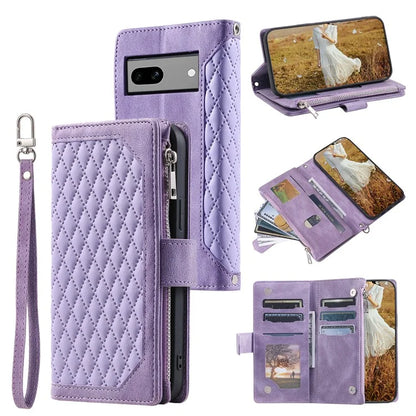 For Google Pixel 8a Case Rhombus Texture Wallet Stand Phone Cover with Hand Strap