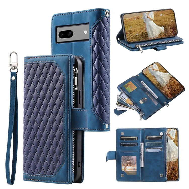 For Google Pixel 8a Case Rhombus Texture Wallet Stand Phone Cover with Hand Strap