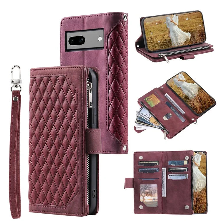For Google Pixel 8a Case Rhombus Texture Wallet Stand Phone Cover with Hand Strap