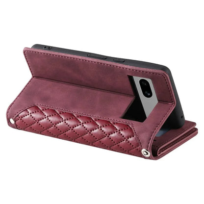 For Google Pixel 8a Case Rhombus Texture Wallet Stand Phone Cover with Hand Strap