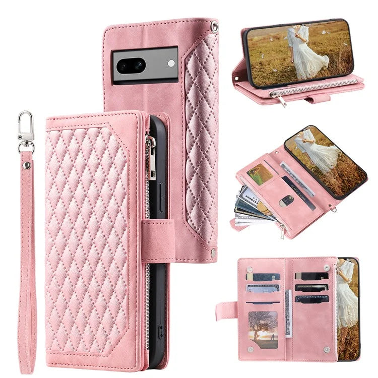 For Google Pixel 8a Case Rhombus Texture Wallet Stand Phone Cover with Hand Strap