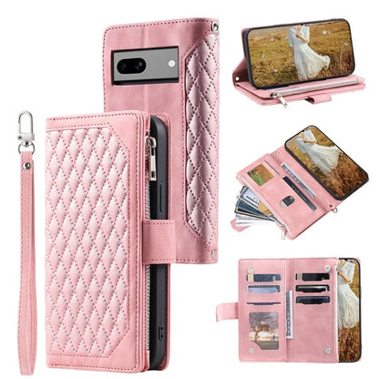 For Google Pixel 8a Case Rhombus Texture Wallet Stand Phone Cover with Hand Strap