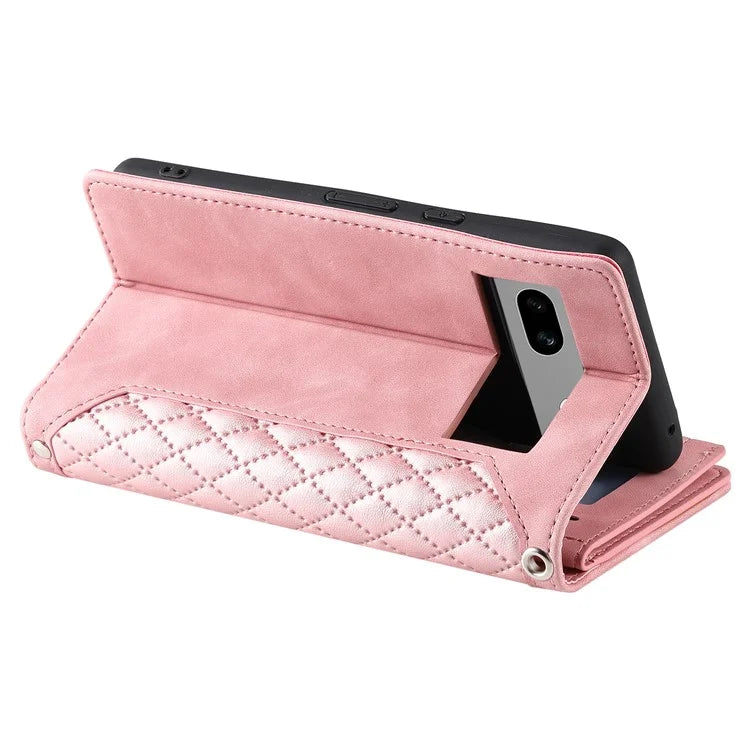 For Google Pixel 8a Case Rhombus Texture Wallet Stand Phone Cover with Hand Strap
