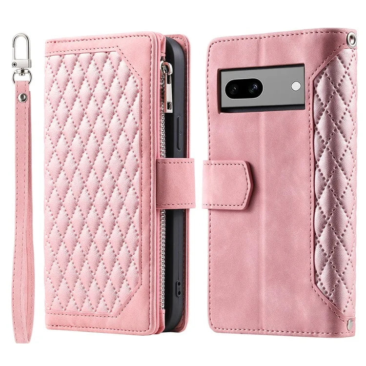 For Google Pixel 8a Case Rhombus Texture Wallet Stand Phone Cover with Hand Strap