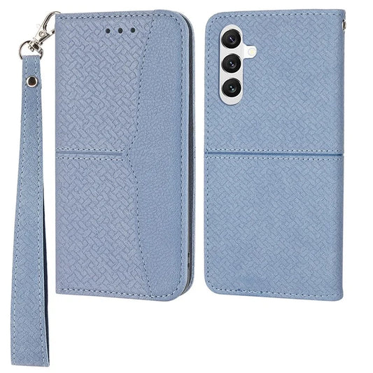 For Samsung Galaxy A25 5G (Global) (161.0 x 76.5 x 8.3mm) Case Woven Texture PU Leather Stand Phone Wallet Cover with Strap