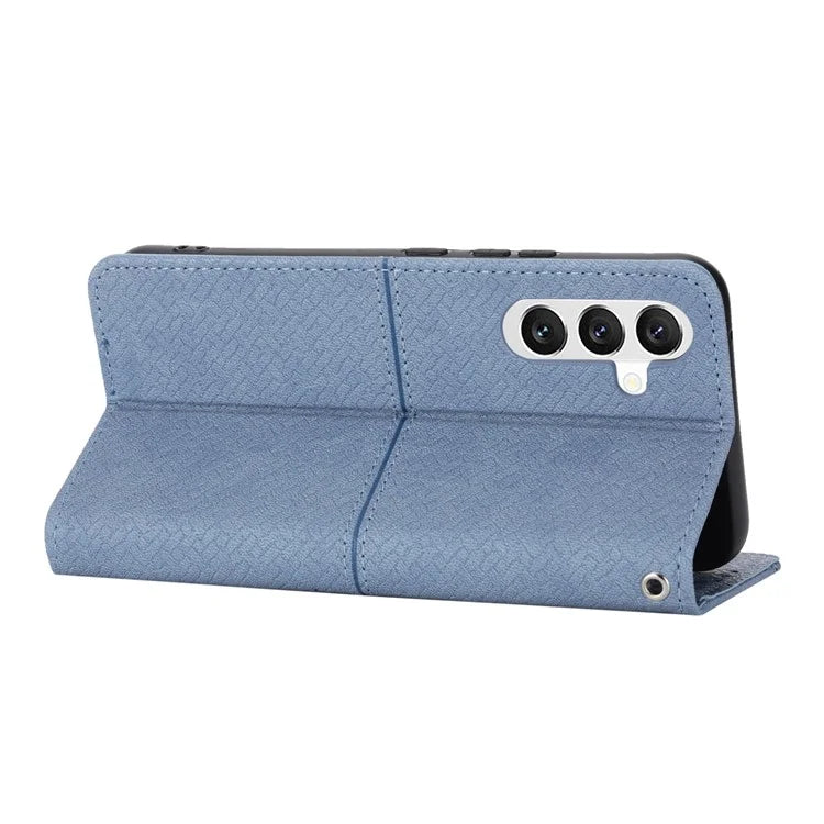 For Samsung Galaxy A25 5G (Global) (161.0 x 76.5 x 8.3mm) Case Woven Texture PU Leather Stand Phone Wallet Cover with Strap