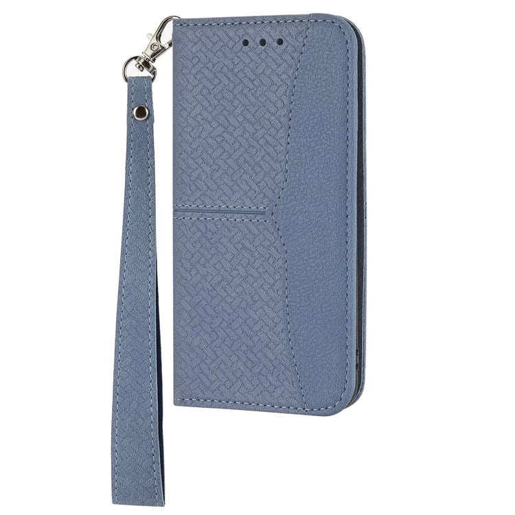 For Samsung Galaxy A25 5G (Global) (161.0 x 76.5 x 8.3mm) Case Woven Texture PU Leather Stand Phone Wallet Cover with Strap