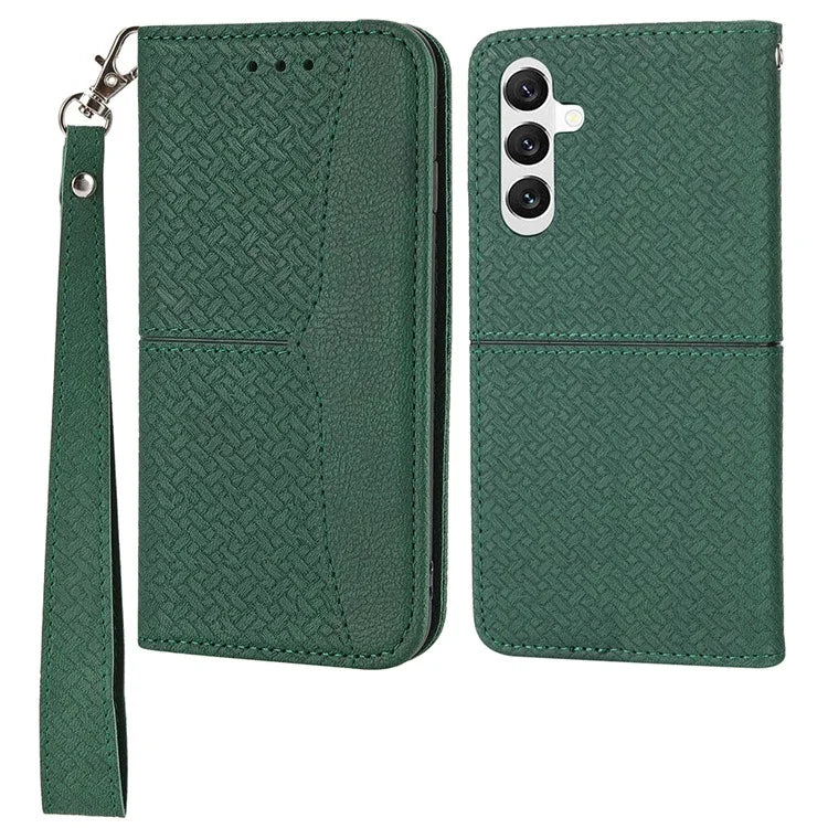 For Samsung Galaxy A25 5G (Global) (161.0 x 76.5 x 8.3mm) Case Woven Texture PU Leather Stand Phone Wallet Cover with Strap