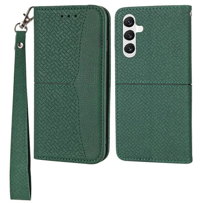 For Samsung Galaxy A25 5G (Global) (161.0 x 76.5 x 8.3mm) Case Woven Texture PU Leather Stand Phone Wallet Cover with Strap