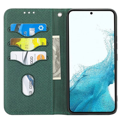 For Samsung Galaxy A25 5G (Global) (161.0 x 76.5 x 8.3mm) Case Woven Texture PU Leather Stand Phone Wallet Cover with Strap