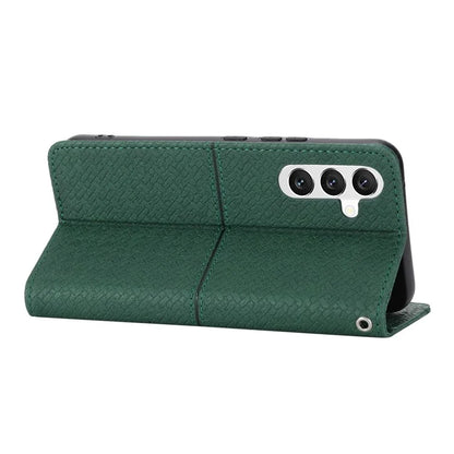 For Samsung Galaxy A25 5G (Global) (161.0 x 76.5 x 8.3mm) Case Woven Texture PU Leather Stand Phone Wallet Cover with Strap