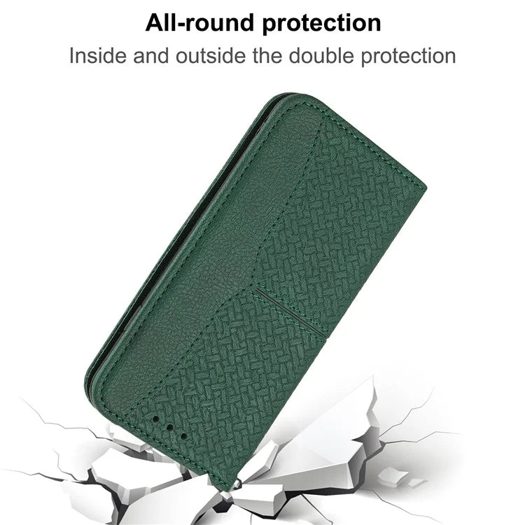 For Samsung Galaxy A25 5G (Global) (161.0 x 76.5 x 8.3mm) Case Woven Texture PU Leather Stand Phone Wallet Cover with Strap