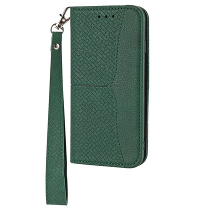 For Samsung Galaxy A25 5G (Global) (161.0 x 76.5 x 8.3mm) Case Woven Texture PU Leather Stand Phone Wallet Cover with Strap