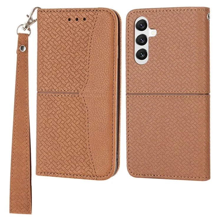 For Samsung Galaxy A25 5G (Global) (161.0 x 76.5 x 8.3mm) Case Woven Texture PU Leather Stand Phone Wallet Cover with Strap