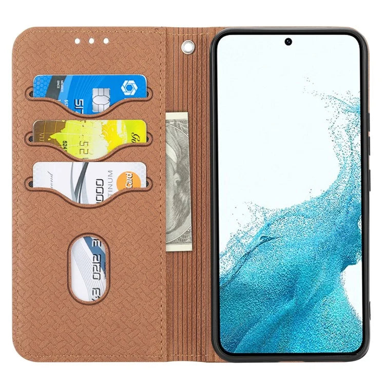 For Samsung Galaxy A25 5G (Global) (161.0 x 76.5 x 8.3mm) Case Woven Texture PU Leather Stand Phone Wallet Cover with Strap