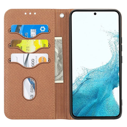 For Samsung Galaxy A25 5G (Global) (161.0 x 76.5 x 8.3mm) Case Woven Texture PU Leather Stand Phone Wallet Cover with Strap