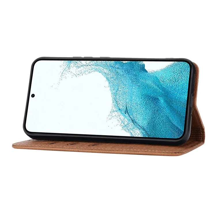 For Samsung Galaxy A25 5G (Global) (161.0 x 76.5 x 8.3mm) Case Woven Texture PU Leather Stand Phone Wallet Cover with Strap