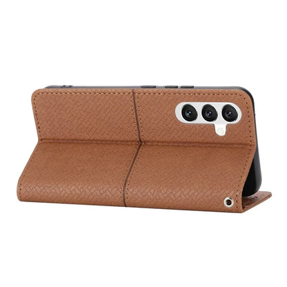 For Samsung Galaxy A25 5G (Global) (161.0 x 76.5 x 8.3mm) Case Woven Texture PU Leather Stand Phone Wallet Cover with Strap