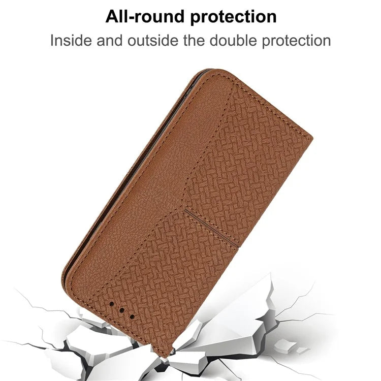 For Samsung Galaxy A25 5G (Global) (161.0 x 76.5 x 8.3mm) Case Woven Texture PU Leather Stand Phone Wallet Cover with Strap