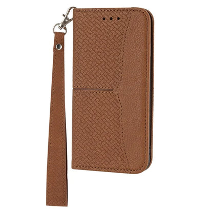 For Samsung Galaxy A25 5G (Global) (161.0 x 76.5 x 8.3mm) Case Woven Texture PU Leather Stand Phone Wallet Cover with Strap