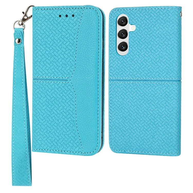 For Samsung Galaxy A25 5G (Global) (161.0 x 76.5 x 8.3mm) Case Woven Texture PU Leather Stand Phone Wallet Cover with Strap
