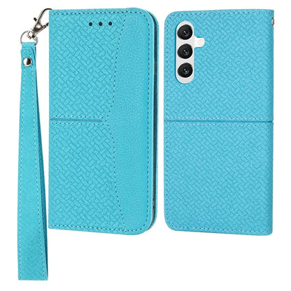 For Samsung Galaxy A25 5G (Global) (161.0 x 76.5 x 8.3mm) Case Woven Texture PU Leather Stand Phone Wallet Cover with Strap