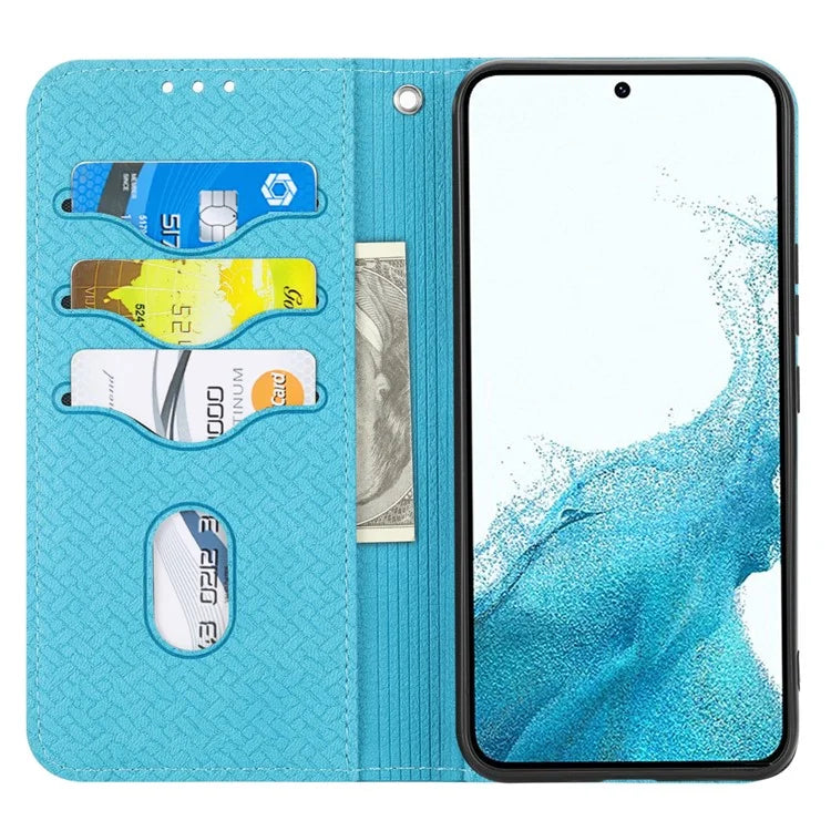 For Samsung Galaxy A25 5G (Global) (161.0 x 76.5 x 8.3mm) Case Woven Texture PU Leather Stand Phone Wallet Cover with Strap