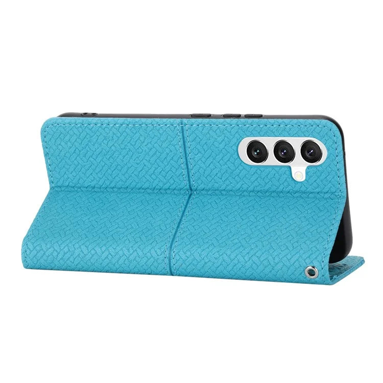 For Samsung Galaxy A25 5G (Global) (161.0 x 76.5 x 8.3mm) Case Woven Texture PU Leather Stand Phone Wallet Cover with Strap
