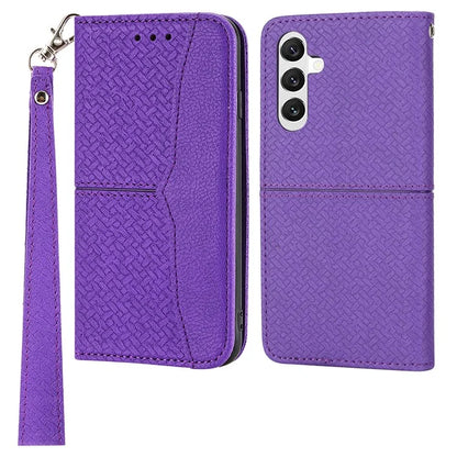 For Samsung Galaxy A25 5G (Global) (161.0 x 76.5 x 8.3mm) Case Woven Texture PU Leather Stand Phone Wallet Cover with Strap