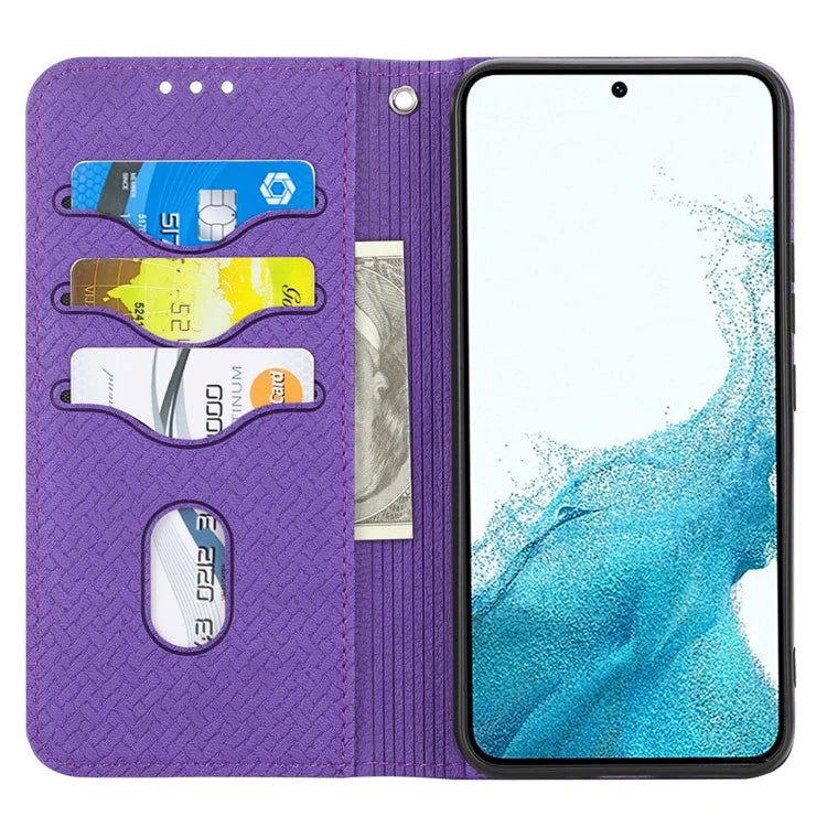 For Samsung Galaxy A25 5G (Global) (161.0 x 76.5 x 8.3mm) Case Woven Texture PU Leather Stand Phone Wallet Cover with Strap