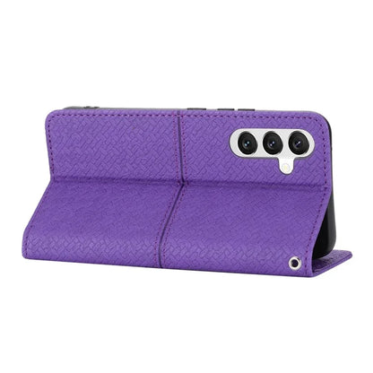 For Samsung Galaxy A25 5G (Global) (161.0 x 76.5 x 8.3mm) Case Woven Texture PU Leather Stand Phone Wallet Cover with Strap