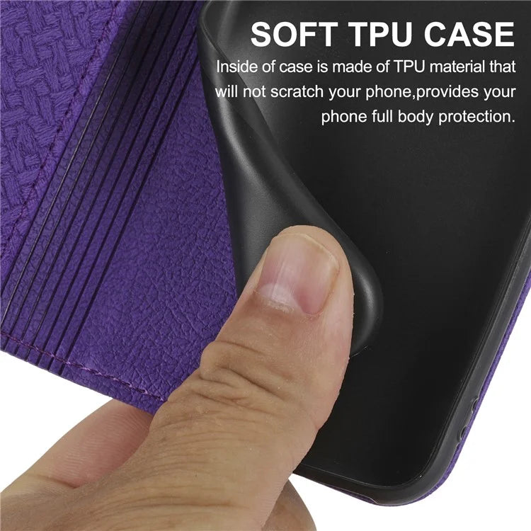 For Samsung Galaxy A25 5G (Global) (161.0 x 76.5 x 8.3mm) Case Woven Texture PU Leather Stand Phone Wallet Cover with Strap